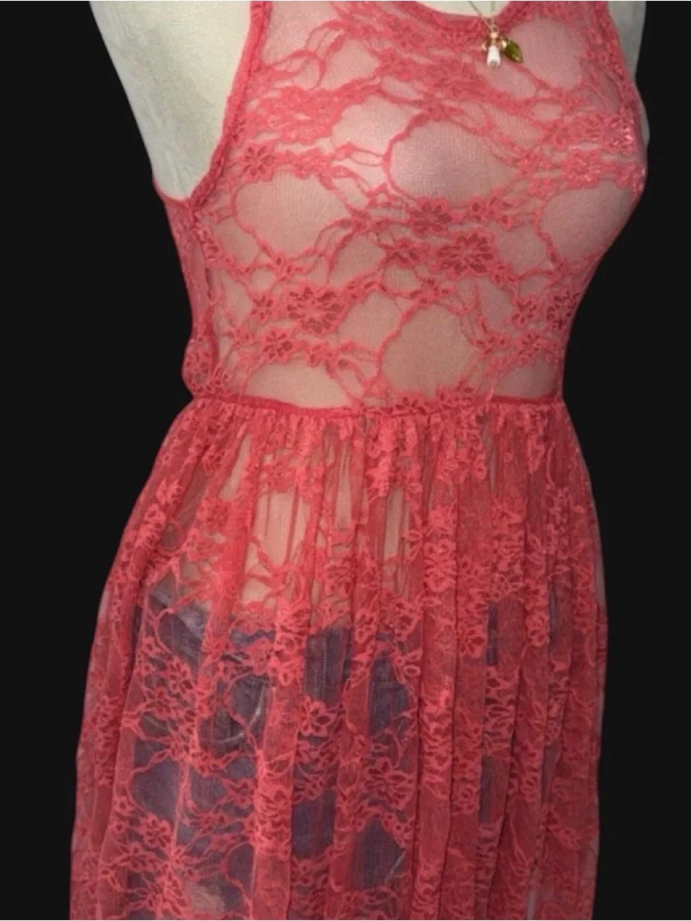 See You Monday Coral Lace Sleeveless Mini Dress